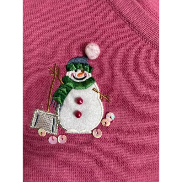 Ladies Crystal Kobe Pink Appliqué Snowmen Cardigan Sweater Size XL - Picture 3 of 9